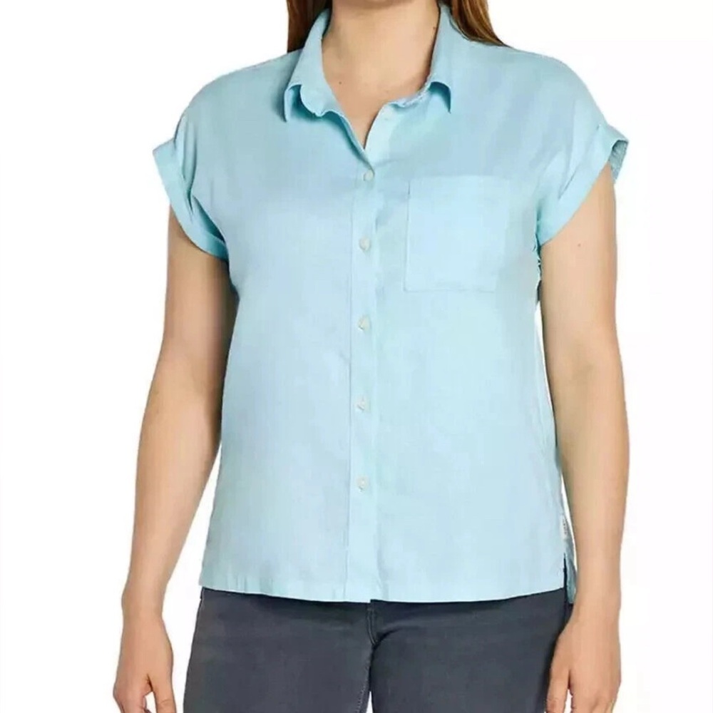 3/$25 Orvis Classic Collection XXL Linen Blend Light‎ Blue Cap Sleeve Button Up